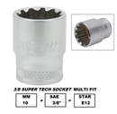 S68H3 / 3/8" DRIVE MULTIFIT SOCKET CR-V STEEL ( CR-V4) SIZE: 6.5MM ( 1/4")  to 15MM ( 19/32")