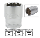 S68H3 / 3/8" DRIVE MULTIFIT SOCKET CR-V STEEL ( CR-V4) SIZE: 6.5MM ( 1/4")  to 15MM ( 19/32")