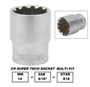 S68H3 / 3/8" DRIVE MULTIFIT SOCKET CR-V STEEL ( CR-V4) SIZE: 6.5MM ( 1/4")  to 15MM ( 19/32")