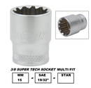 S68H3 / 3/8" DRIVE MULTIFIT SOCKET CR-V STEEL ( CR-V4) SIZE: 6.5MM ( 1/4")  to 15MM ( 19/32")